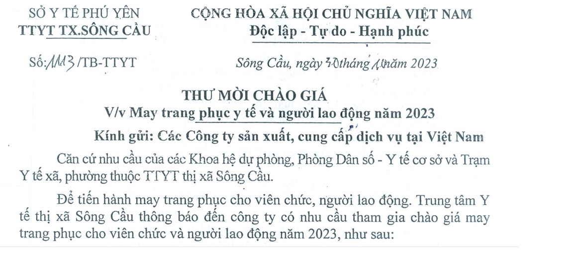 Thư mời chào giá May trang phục y tế và người lao động năm 2023 của Trung tâm Y tế tx Sông Cầu